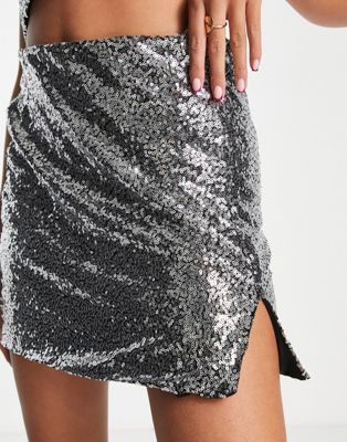 Monki co-ord sequin mini skirt with side split in silver