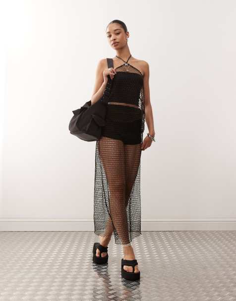 Monki - Co-ord set van top en rok van netstof in chocoladebruin, deel van co-ord set - view 1