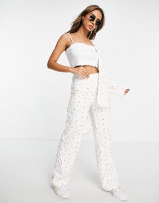 Monki co-ord straight leg tailored trousers in white blossom print