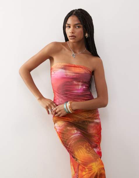 Monki co-ord strapless bandeau mesh top in pink and orange tropical flower print - view 1