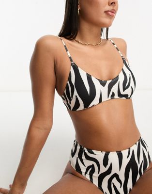 Monki co-ord zebra print v neck bikini top in black and white