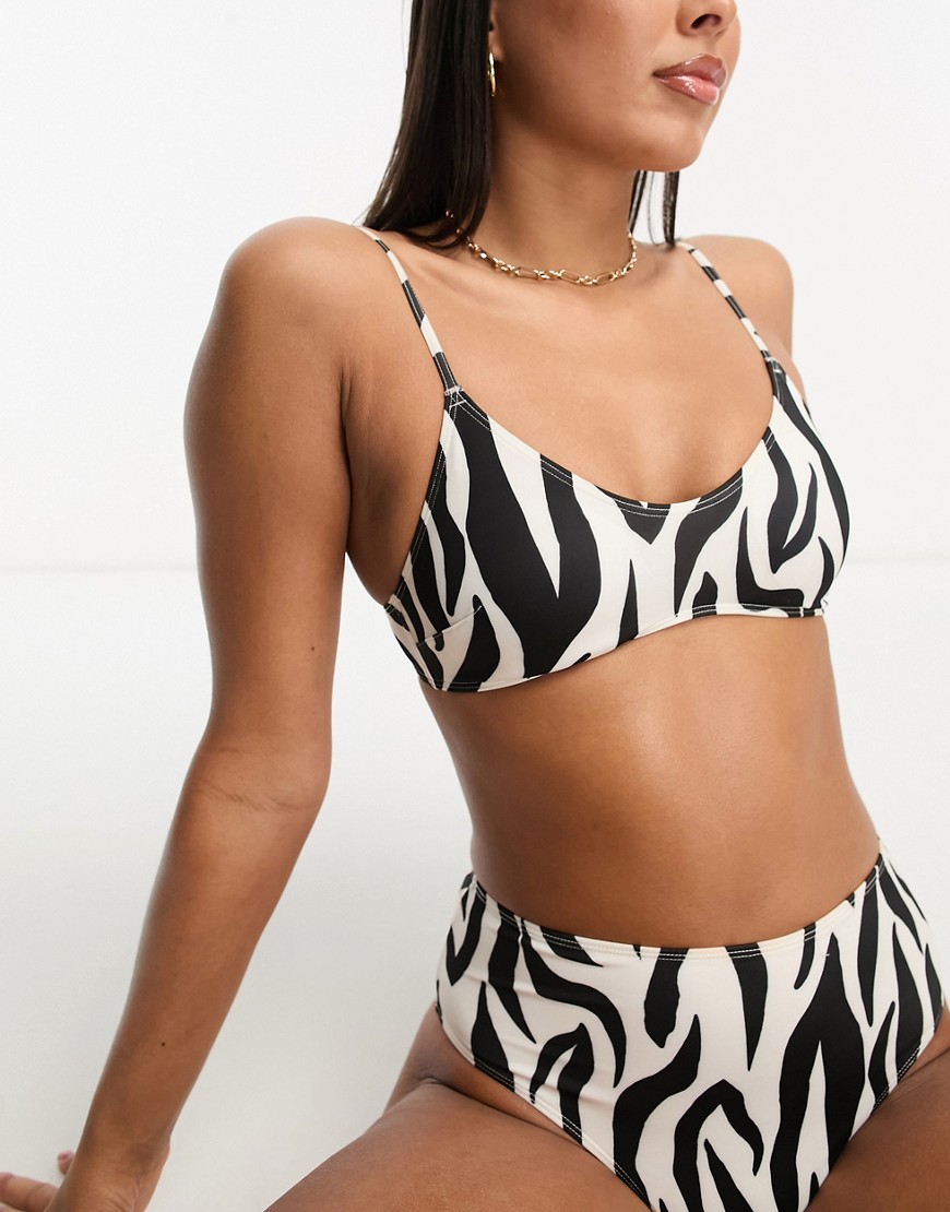 Monki co-ord zebra print v neck bikini top in black and white-Multi