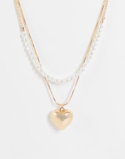 Monki - Collana a strati con cuore e perle color oro