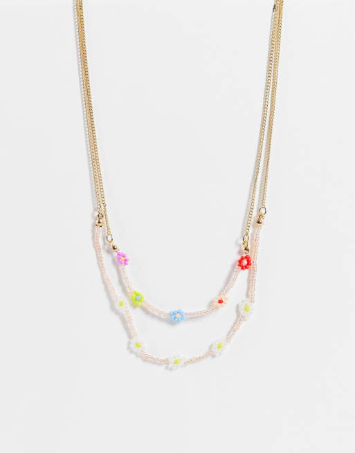Monki - Collana con perline e fiori multicolore