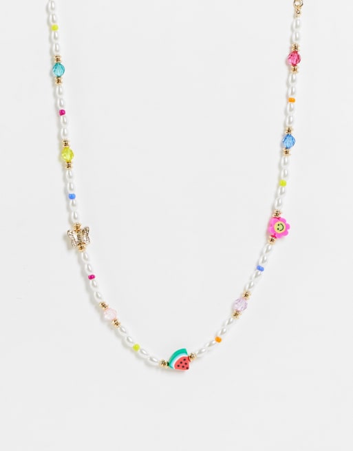 Monki - Collana multicolore con perle e perline