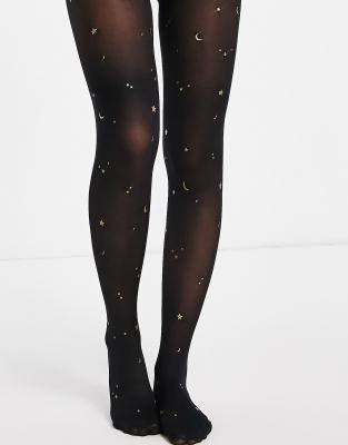 Monki - Collant 40 denari con stampa con luna, colore nero