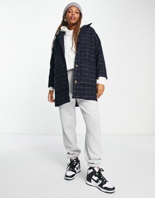 Monki collared coat with patch pockets in navy grid check