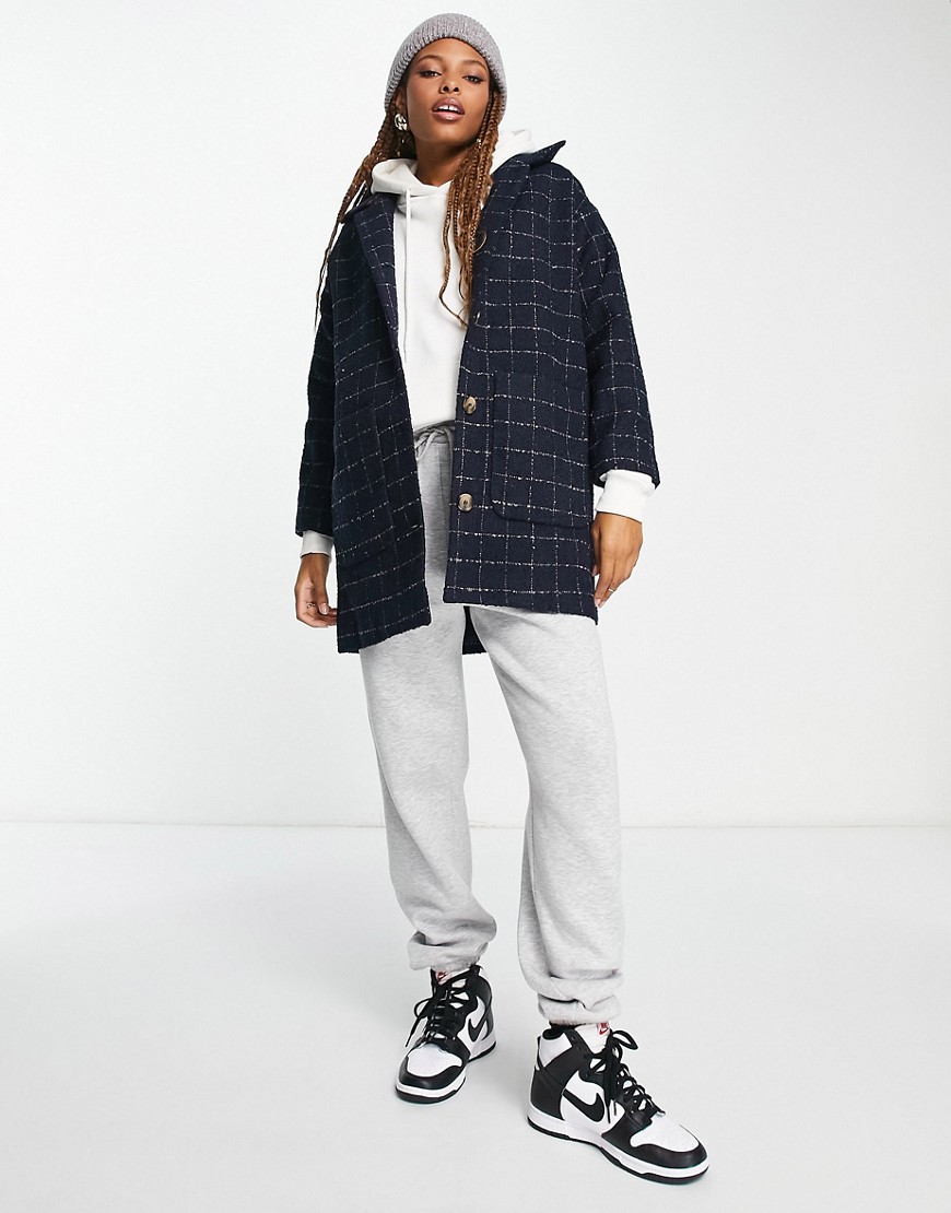 Monki collared coat with patch pockets in navy grid check