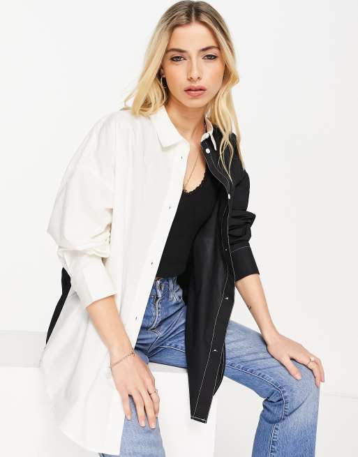 Monki color block oversized shirt in black and white