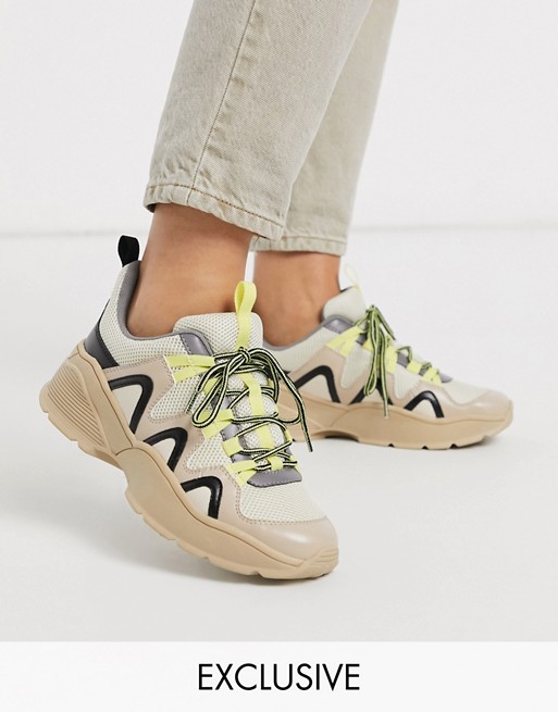 Monki colour block chunky trainer in grey and yellow