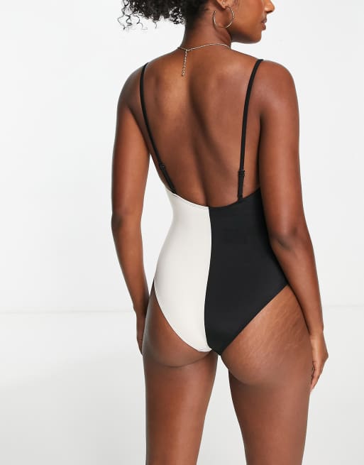 Monki colour block swimsuit in black and beige