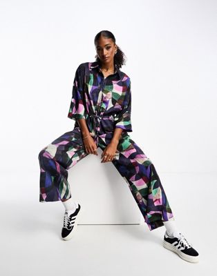 Monki long sleeve jumpsuit with collar in abstract print - ASOS Price Checker