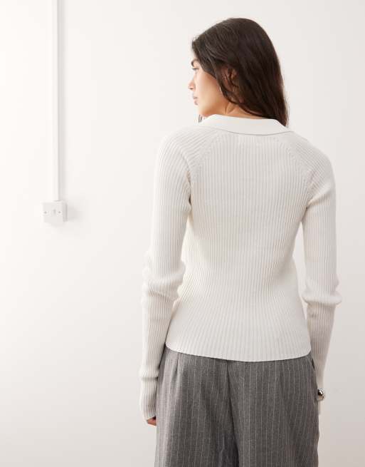 Monki compact rib knit long sleeve collared top in white | ASOS