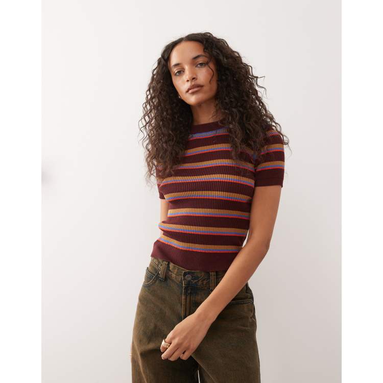 Monki compact rib knit short sleeve top in burgundy stripes | ASOS