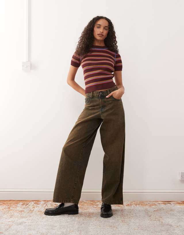 Monki compact rib knit short sleeve top in burgundy stripes | ASOS