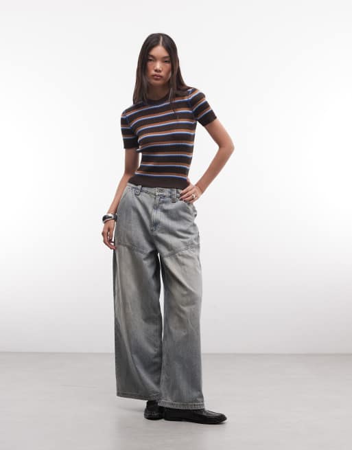 Monki compact rib knit short sleeve top in dark brown and blue, 3 of 4