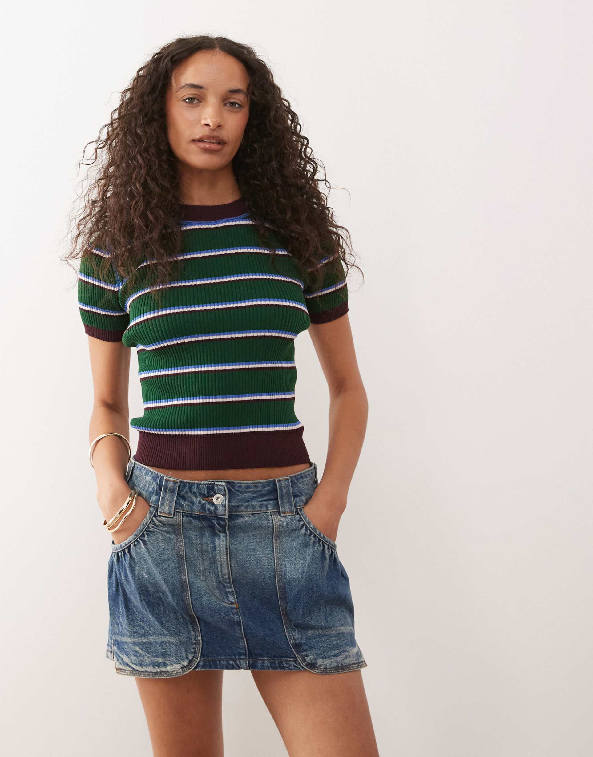 monki compact rib knit short sleeve top in green stripes
