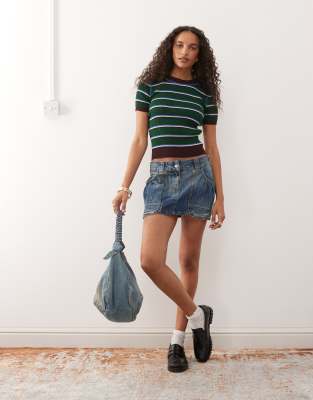 Monki Compact Rib Knit Short Sleeve Top In Green