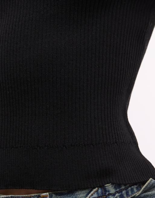Monki compact ribbed knit short sleeve top in black, 4 of 4
