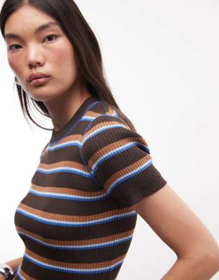 Monki Compact Ribbed Knit Short Sleeve Top In Multi