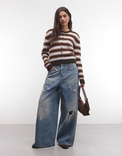 Monki compact vest met knoopsluiting in donkerbruin en blauwe streep, 2 van 4