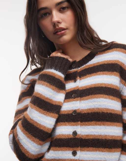 Monki compact vest met knoopsluiting in donkerbruin en blauwe streep, 3 van 4