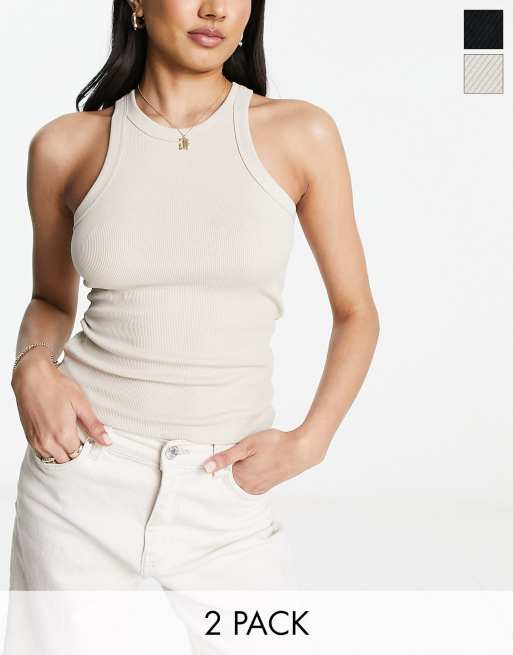 Monki - Confezione da 2 canotte a coste con scollo a vogatore nera e beige