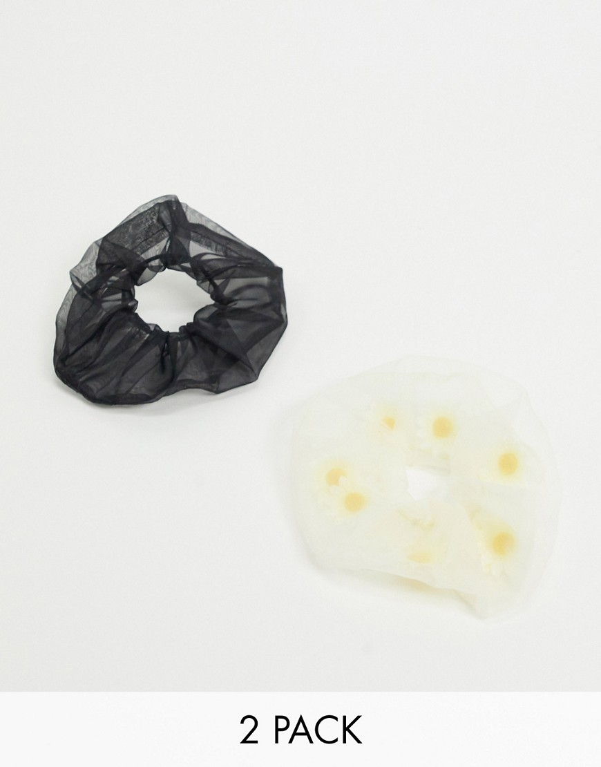 Monki - Confezione da 2 elastici per capelli bianchi e neri con stampa di margherite-Multicolore
