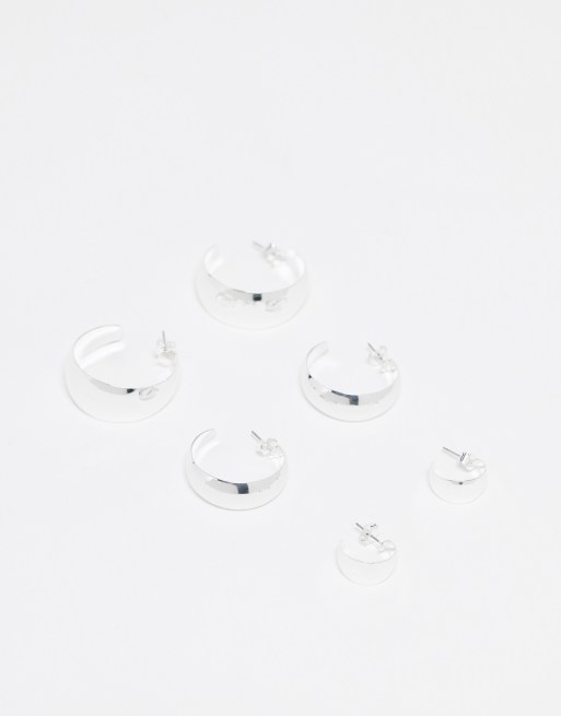 Monki - Confezione da 3 paia di orecchini a cerchio piccoli e larghi color argento
