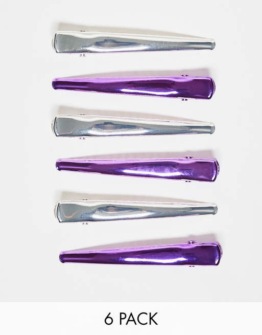 Monki - Confezione da 6 fermagli per capelli viola e argento metallizzati