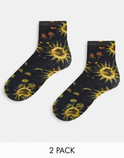 Monki - Confezione da due paia di calzini con stampa con sole, colore nero