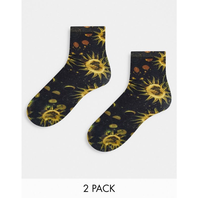 Monki - Confezione da due paia di calzini con stampa con sole, colore nero