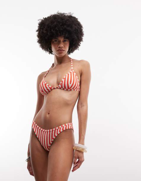 Monki contrast crinkle bikini in red and white stripe - view 1