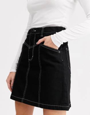 black denim skirt with white stitching