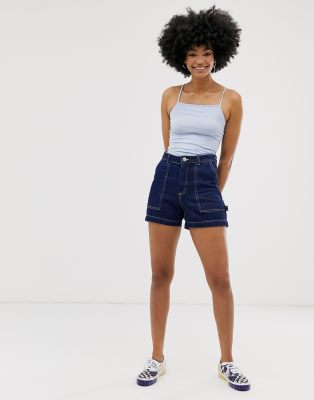 Monki contrast stitch denim shorts in blue