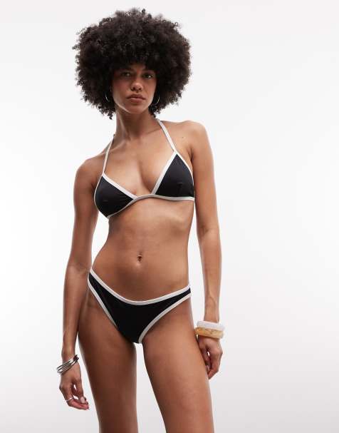Monki contrast trim high leg bikini co-ord in black and white - view 1