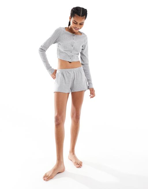 Monki - Coordinato con pantaloncini in jersey e cardigan corto in cotone grigio mélange con bottoni