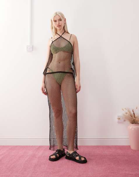 Monki - Coordinato in rete marrone cioccolato con top e gonna - view 1