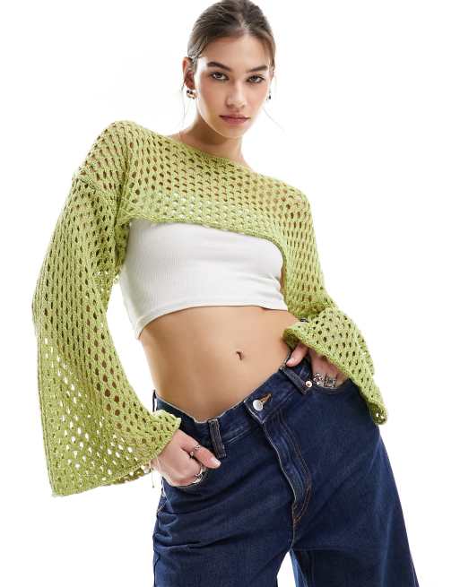 Monki - Coprispalle verde a maniche lunghe in maglia all'uncinetto traforata
