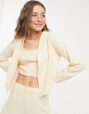 Monki Cora fluffy knit cardigan in beige 3-piece set