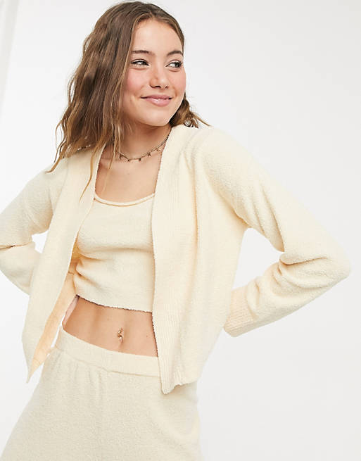 Monki Cora fluffy knitted cardigan in beige 3 piece co-ord
