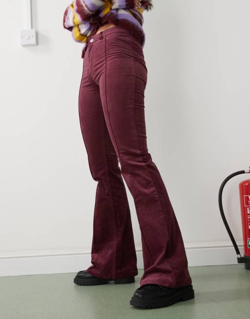 Monki cord flare leg pants with front pintuck seam in burgundy ASOS