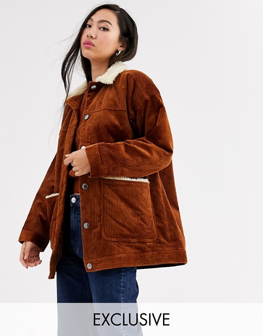 Monki cord jacket with borg collar in brown