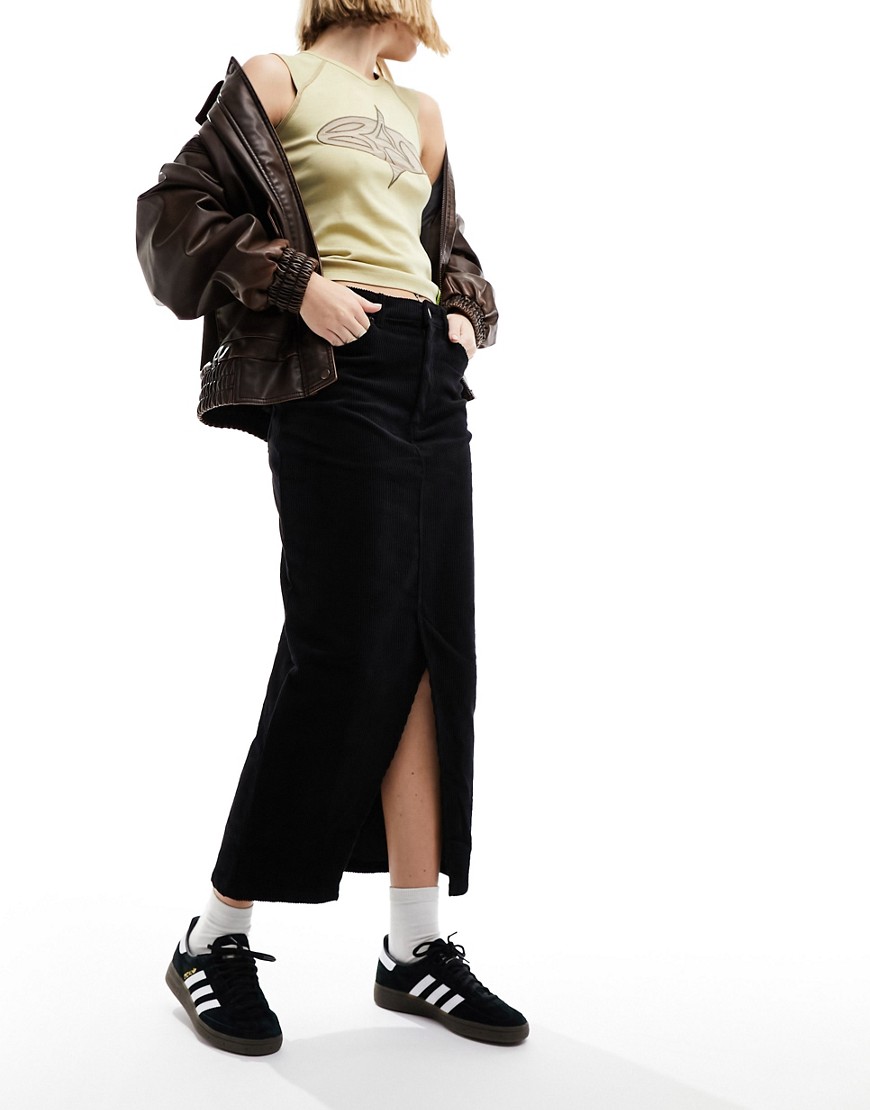 Monki cord midi skirt with split hem in black