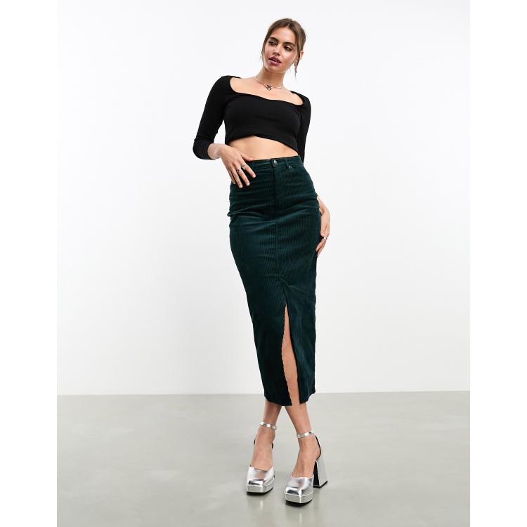Monki cord midi skirt with split hem in forest green | ASOS