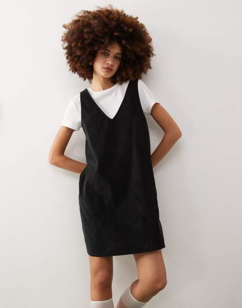 Monki cord mini pinafore dress in black - view 1