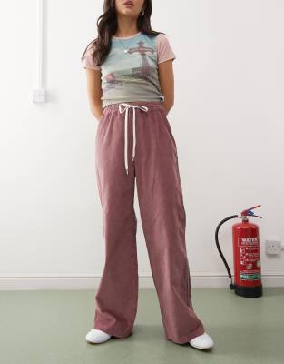 cord wide leg track pants with side stripe in burgundy-Red