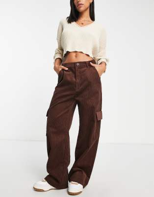 Brown Corduroy Wide Leg Cargo Pants