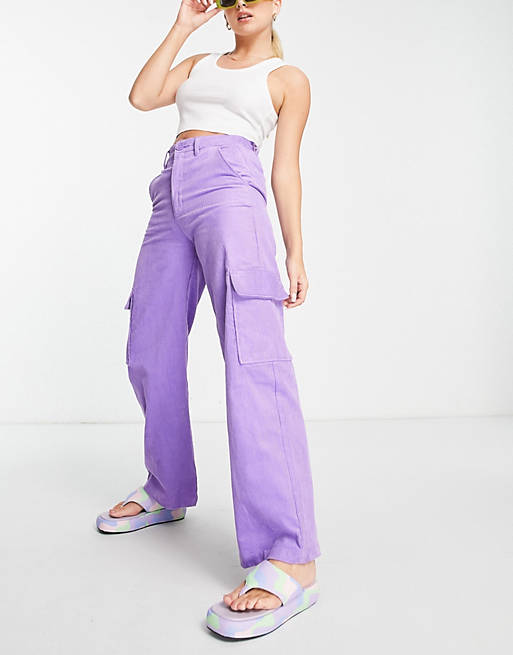 Monki corduroy wide leg cargo pants in purple