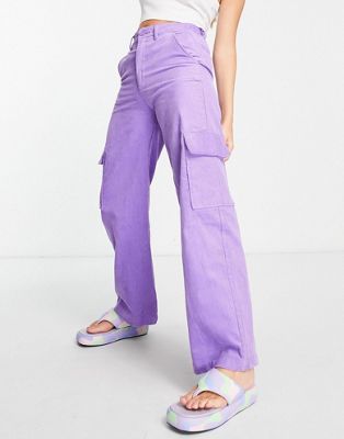 Monki corduroy wide leg cargo trousers in purple